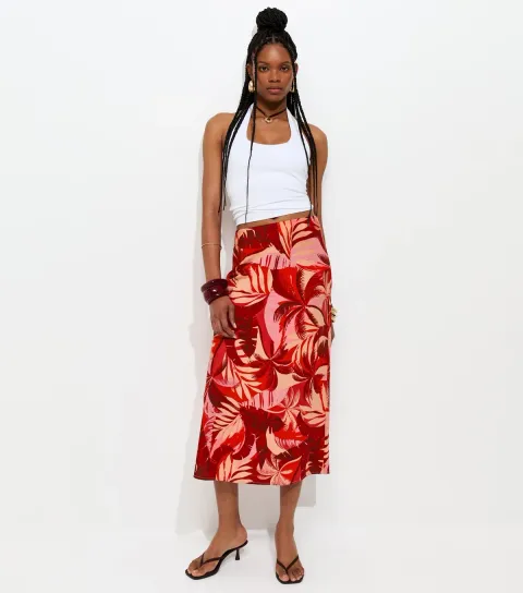 Women's Red Crepe Tropical Print Bias Cut Midi Skirt