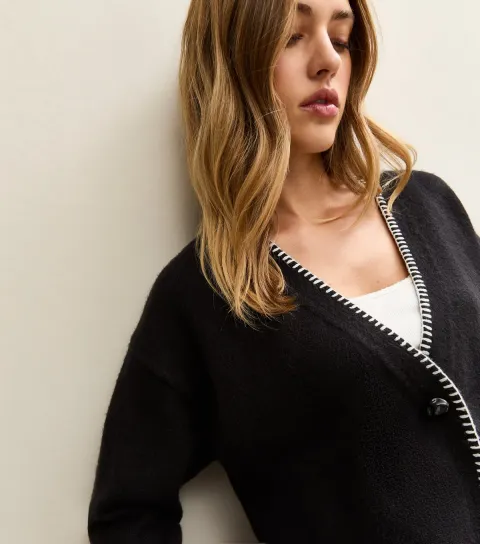 Women's Black Blanket Stitch Trim Knitted Cardigan