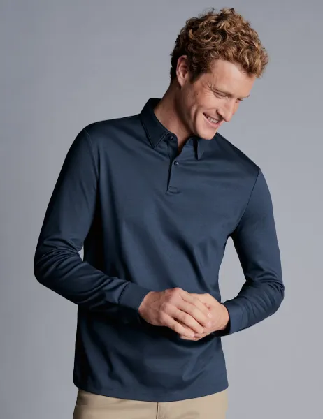 Charles Tyrwhitt Pure Cotton Jersey Long Sleeve Polo Shirt Blue