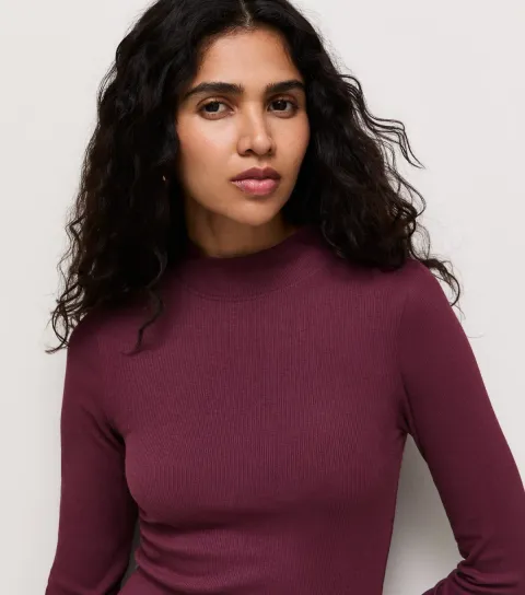 New Look Women's Dark Purple Cotton Rich Ribbed Stand Neck Long Sleeve Top