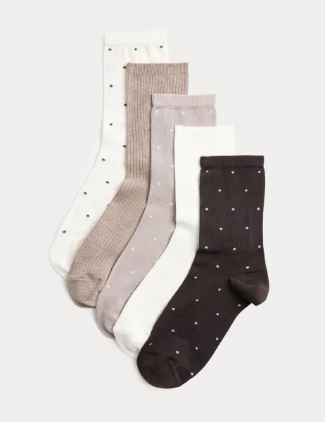 Marks & Spencer 5 Pack Supersoft Spot Crew Socks Chocolate Mix