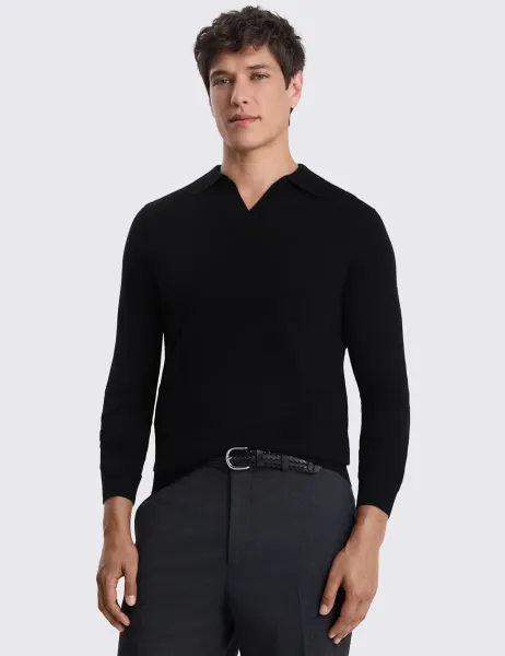 Moss Merino Wool Rich Knitted Polo Shirt Black