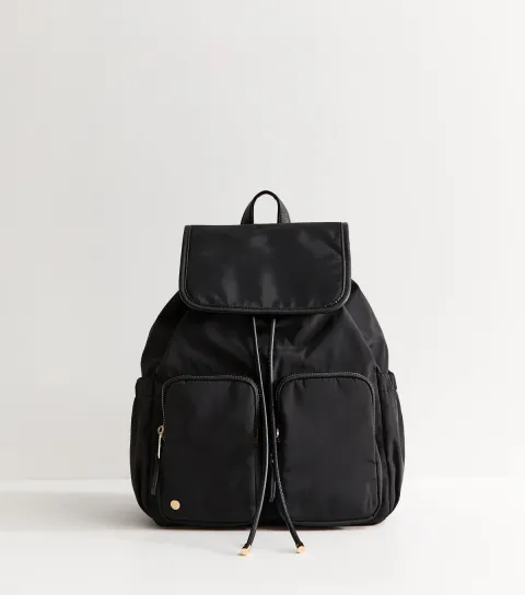 Black Woven Double Pocket Drawstring Backpack School