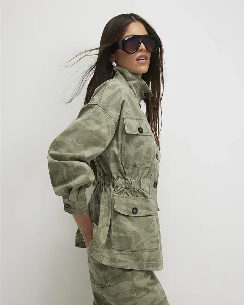 River Island Camo Print Funnel Neck Denim Jacket