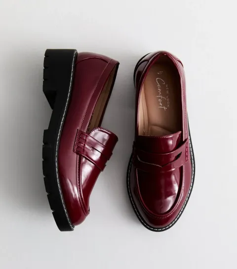 Women's Burgundy Patent Faux Leather Chunky Loafers