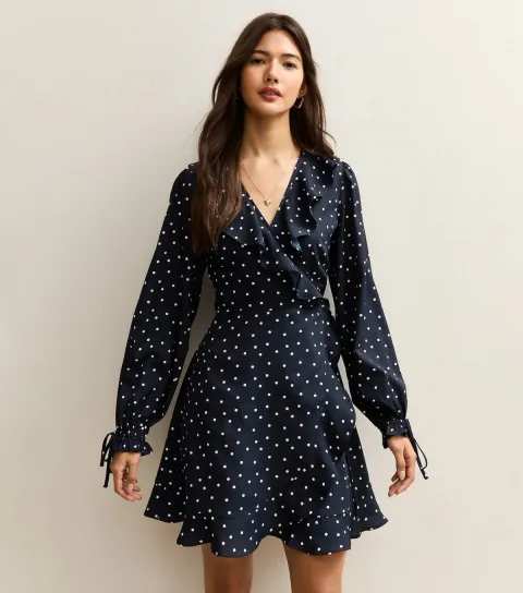 New Look Women's Blue Crepe Spot Ruffle Wrap Mini Dress