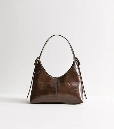 Dark Brown Faux Leather Crocodile Embossed Buckle Shoulder Bag