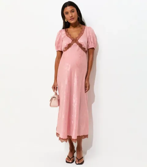 Women's Maternity Light Pink Satin Lace Trim Jacquard Midi Dress