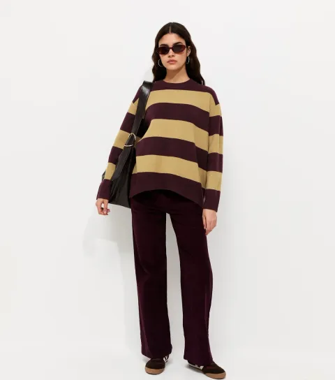 New Look Women's Burgundy Striped Oversized Crew Neck Jumper