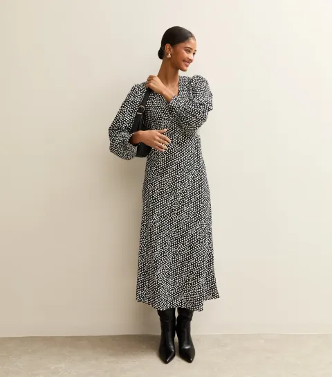 Women's Black Spot Pattern V-Neck Midi Dress