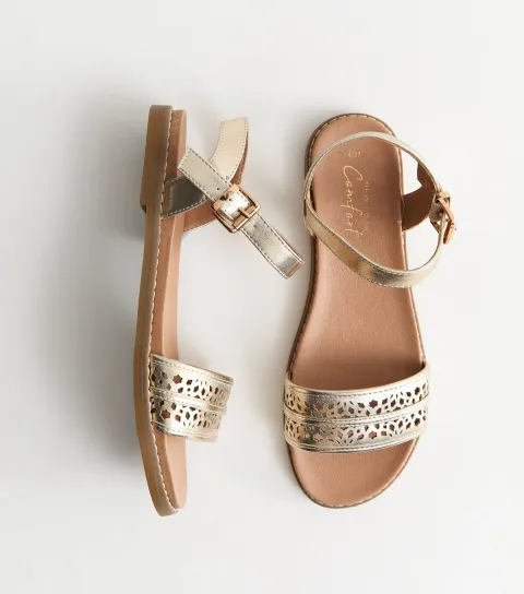 New Look Women's Gold Faux Leather Cut Out Strap Flat Sandals Vegan