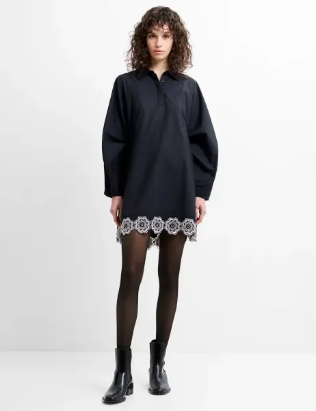 Cotton Blend Broderie Mini Shift Dress Black Mix