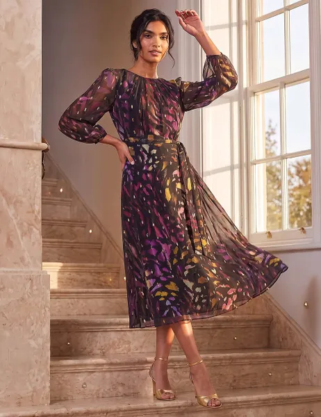 Roman Floral Sparkly Puff Sleeve Dress Black