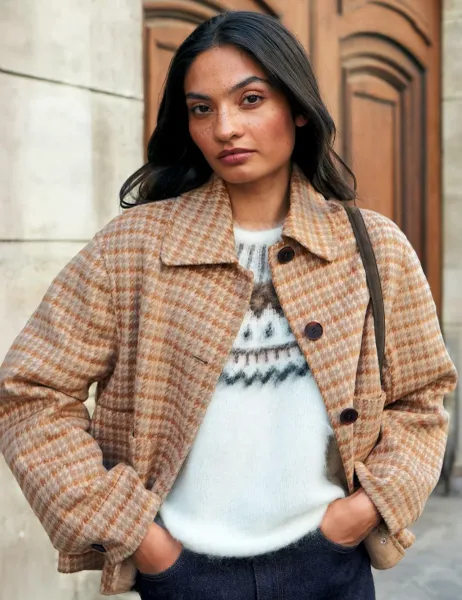 RO&ZO Double Faced Wool Blend Checked Cropped Jacket Camel Mix
