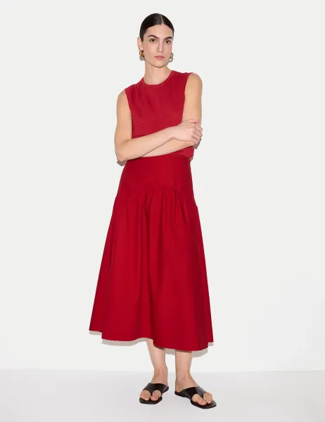 Jigsaw Pure Cotton Midi A-Line Skirt Red