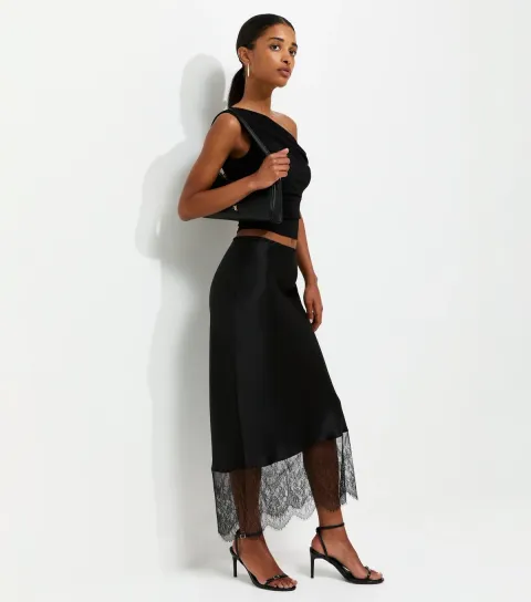 Women's Black Satin Lace Hem Bias Cut Midi Skirt