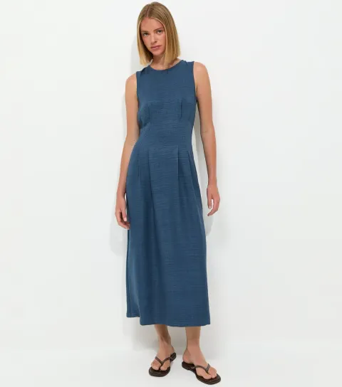 Women's Blue Crepe Sleeveless Column Midi Dress