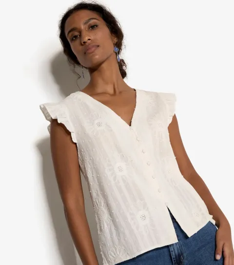 Women's White Embroidered Daisy Button Up Top
