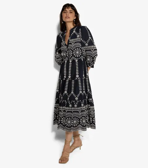 Women's Navy Embroidered Tiered Midi Dress