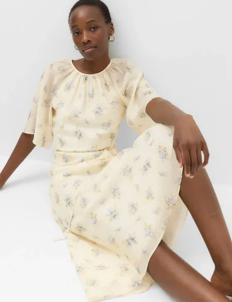 Marks & Spencer Floral Angel Sleeve Midi Waisted Dress Ivory Mix