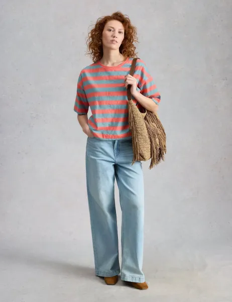 White Stuff Pure Cotton Striped T-Shirt Red Mix