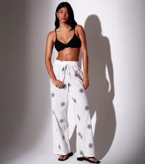 Women's White Embroidered Sun Wide Leg Trousers
