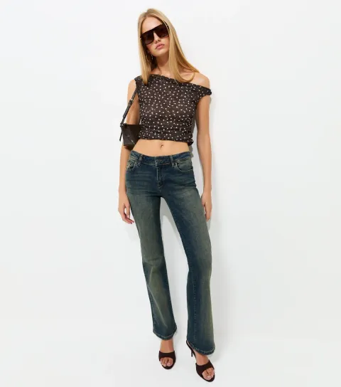 Women's Brown Mesh Polka Dot Off The Shoulder Top