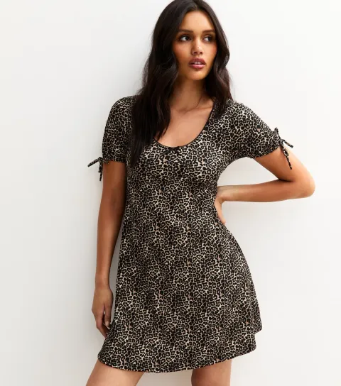 Women's Brown Textured Animal Print Tie Sleeve Mini Dress