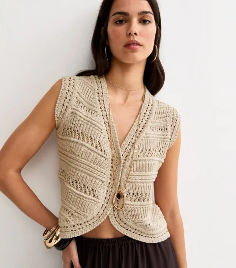 Women's Oatmeal Knit Lader Stitch Waistcoat