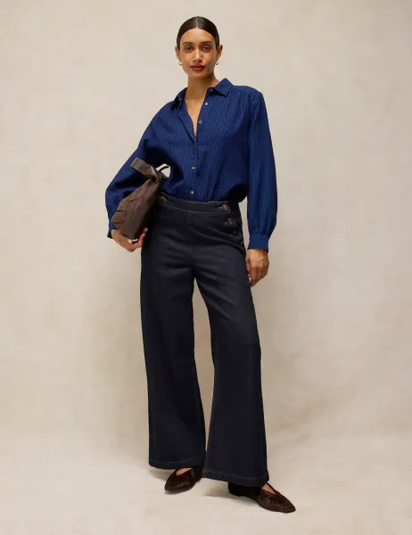 Mid Rise Button Detail Wide Leg Jeans Dark Blue Denim