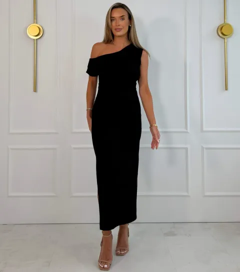 Girl In Mind Women's Black Jersey Off The Shoulder Draped Midi Dress