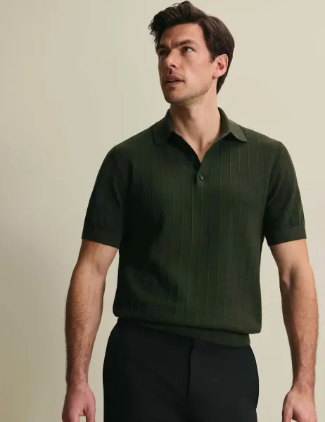 Charles Tyrwhitt Pure Cotton Textured Knitted Polo Shirt Olive