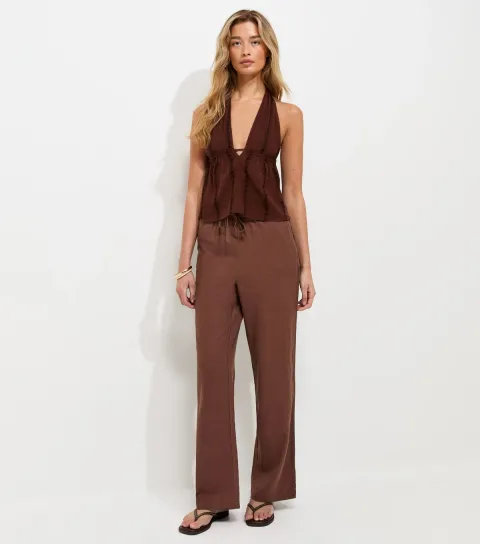 New Look Women's Tall Dark Brown Linen Rich Wide Leg Trousers