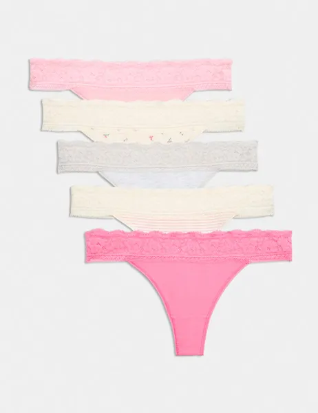 Marks & Spencer 5pk Cotton & Lace Printed Thongs Pink Mix