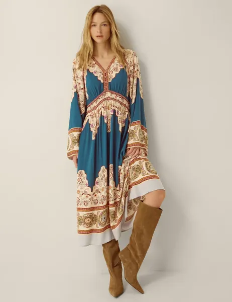 Monsoon Printed Midi Smock Dress Teal Mix