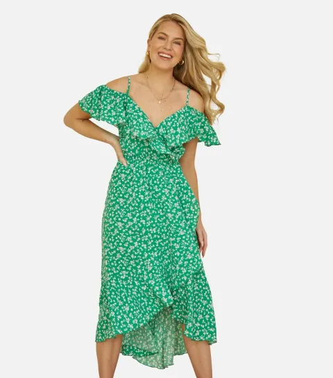 Women's Light Grey Floral Print Bardot Midi Dress