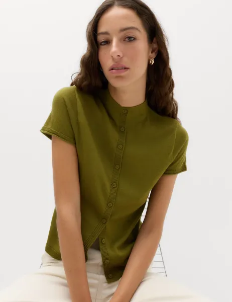 Marks & Spencer Pure Merino Wool Short Sleeve Cardigan Moss