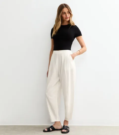 Women's White Barrel Leg Linen Trousers