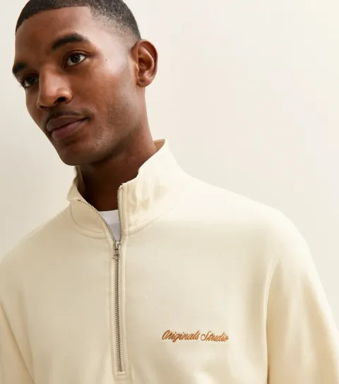 Men's Cream Embroidered Logo Half Zip Sweatshirt