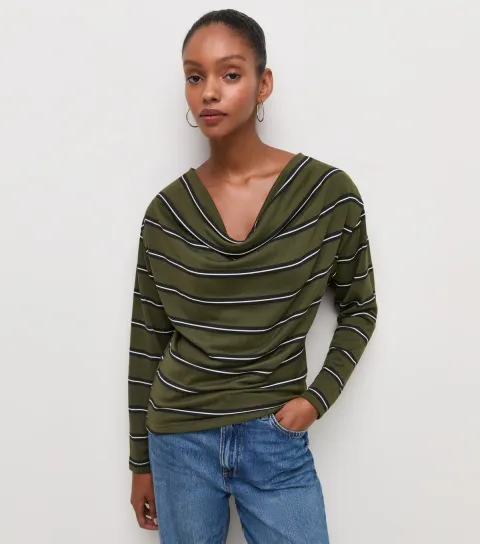 New Look Women's Green Soft Touch Stripe Cowl Neck Top