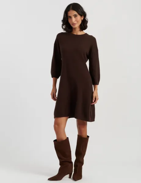 Wool Rich Mini Skater Dress with Cashmere Chocolate