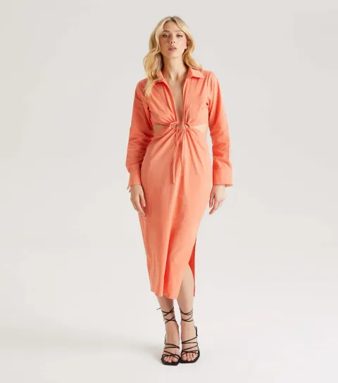 Women's Light Pink Cut Out Tie Front Midi Dress