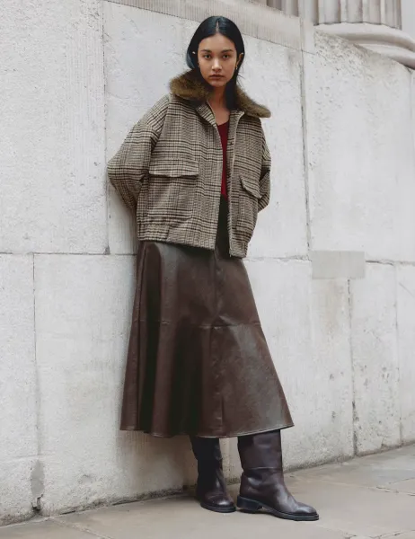 Checked Faux Fur Collar Jacket with Wool Natural Mix