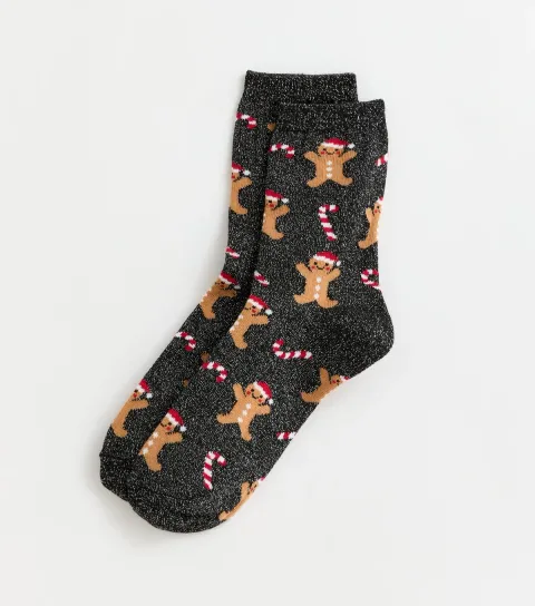 New Look Black Metallic Christmas Gingerbread Pattern Ankle Socks