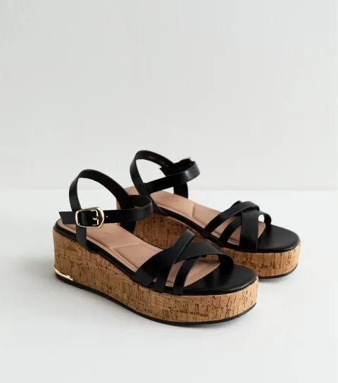 Women's Black Faux Leather Cross Over Strap Cork Flatform Sandals Vegan