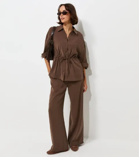 Women's Brown Drawstring Waist Cropped Sleeve Shirt