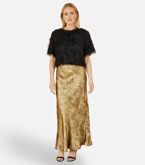 Women's Gold Satin Midi Skirt