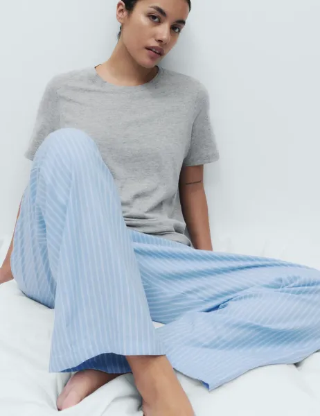 Marks & Spencer Pure Cotton Pyjama Set With Woven Bottoms Grey Mix