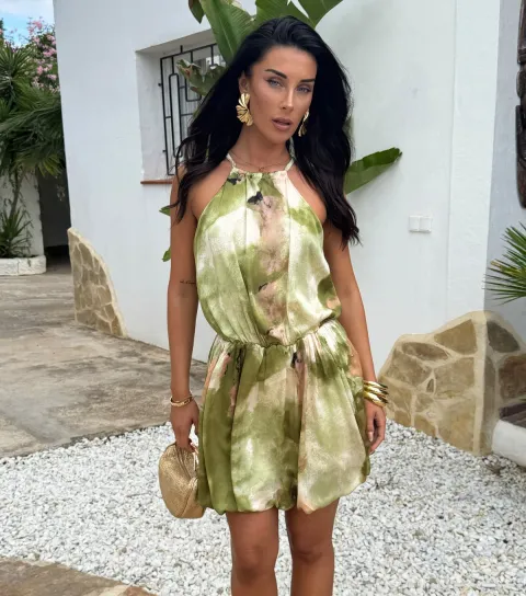 Women's Green Printed Bubble Hem Mini Dress