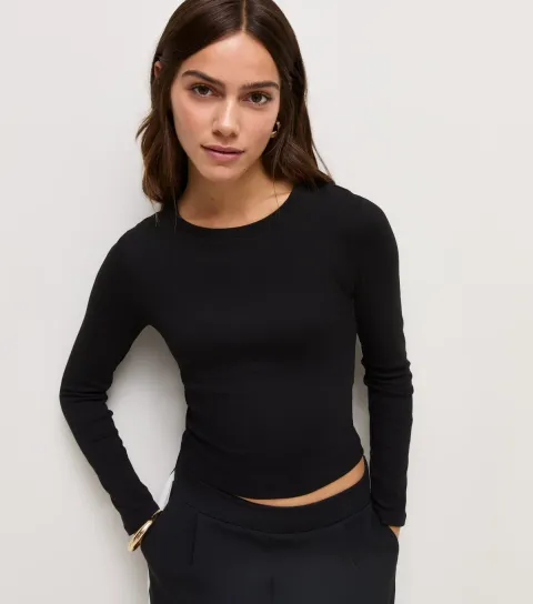 Women's Petite Black Long Sleeve Baby Tee T-Shirt